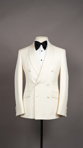 Double-breasted ivory shawl tuxedo from FR Clothiers formal collection.